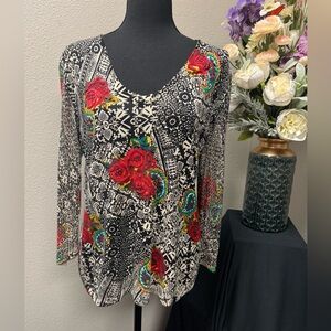 Nygard Collections  Sequenced Floral  V-Neck Blouse W/ Netted Sleeves Size M